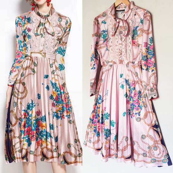 Dalia MacPhee Pink Lace Long Sleeve Printed Pleated Midi Dress M Vintage Luxe - Picture 1 of 16